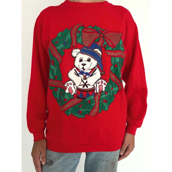 90s vintage red christmas wreath teddy bear graphic acrylic pullover sweater - Picture 7 of 8